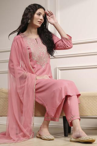 BIBA Pink Viscose Rayon Straight Dyed Suit Set in Pink