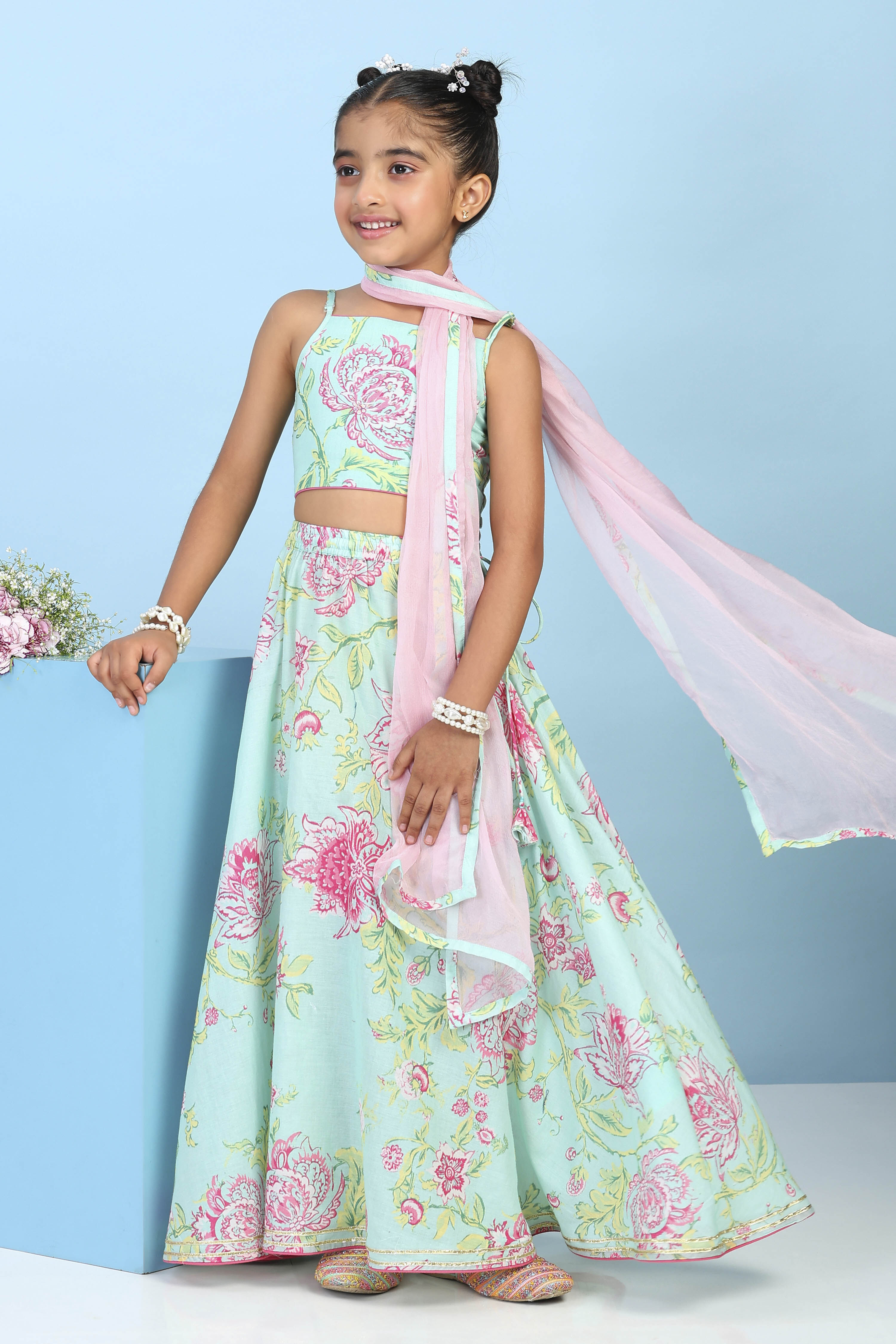 Aqua Cotton Printed Straight Lehenga Set image number 0