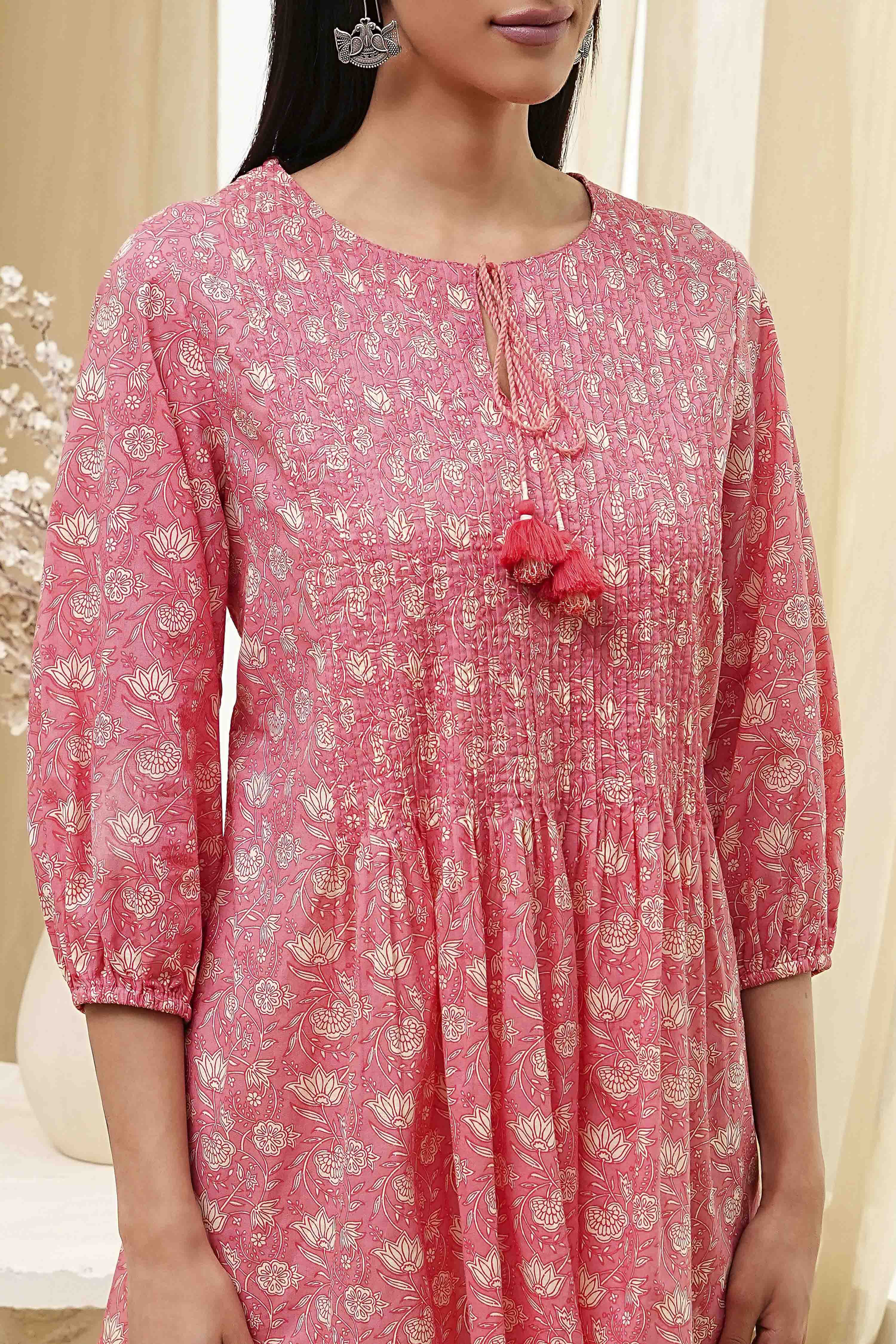 Coral Cotton Pleated Short Kurta image number 1