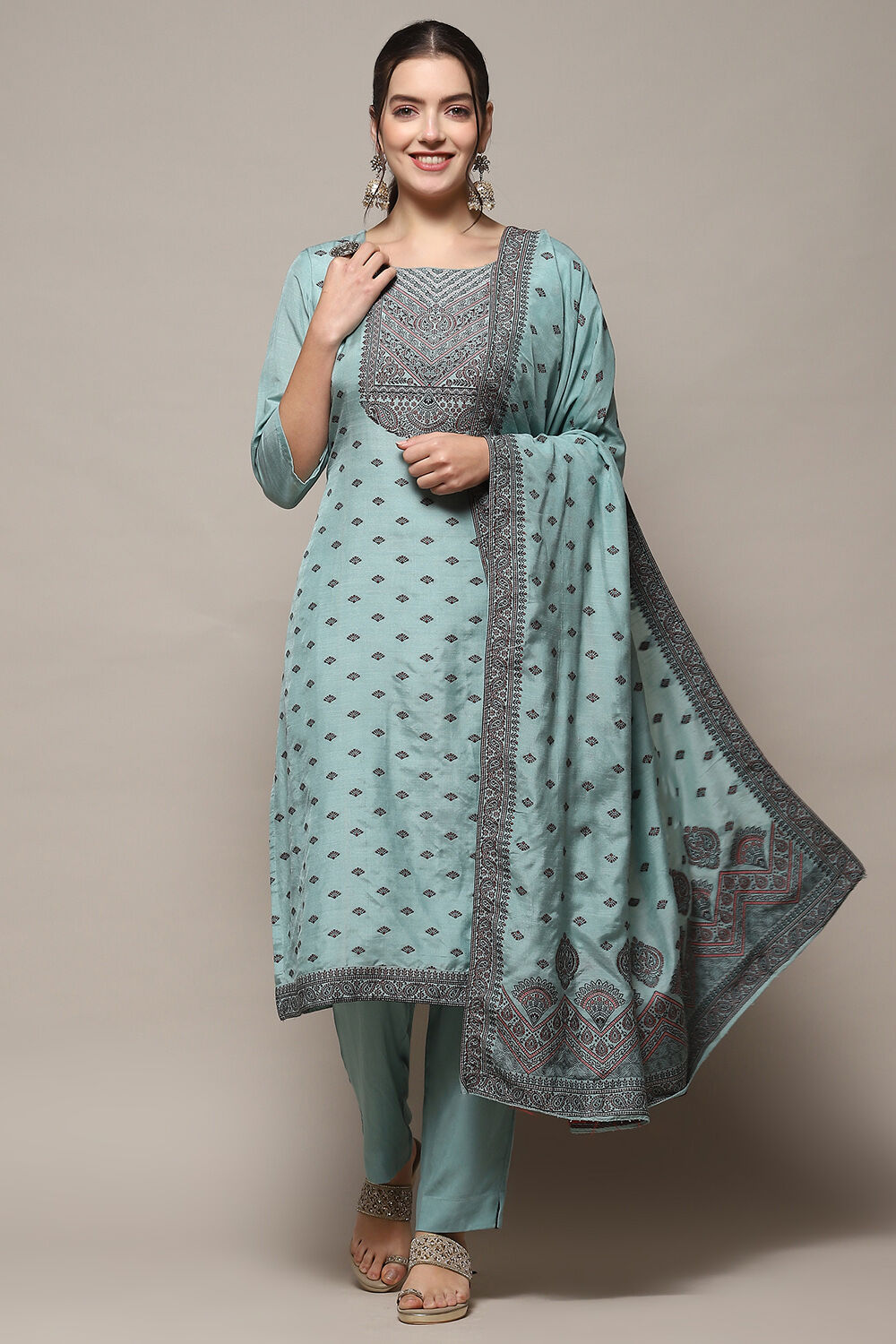 Sky Blue Chanderi Unstitched Suit Set image number 1