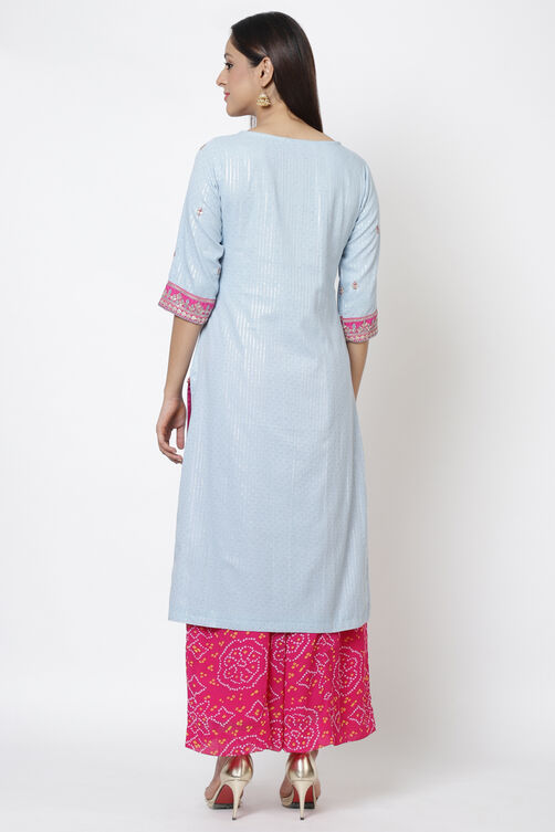 Pink Metallic Cotton Straight Kurta Flared Palazzo Suit Set image number 5