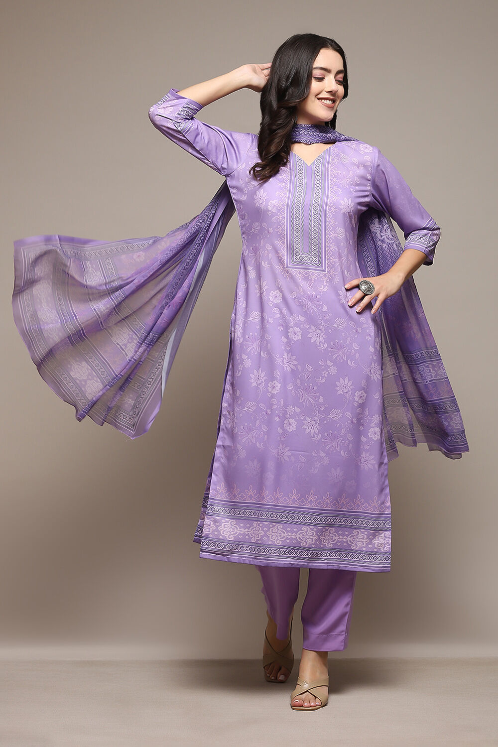 Lavendar Silk Blend Digital Print Unstitched Suit Set image number 8