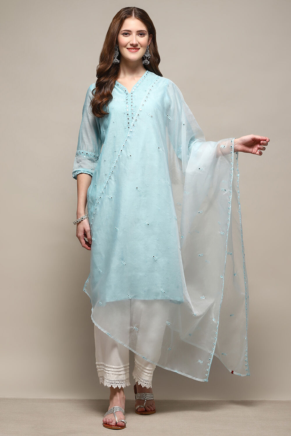 Blue Embroidered Nylon Dupatta image number 3