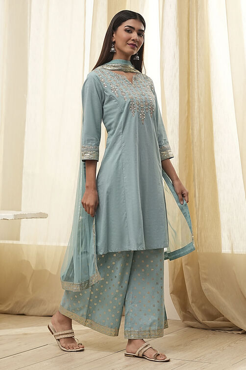 Dull Blue Cotton Embroidered Kalidar Suit Set image number 5