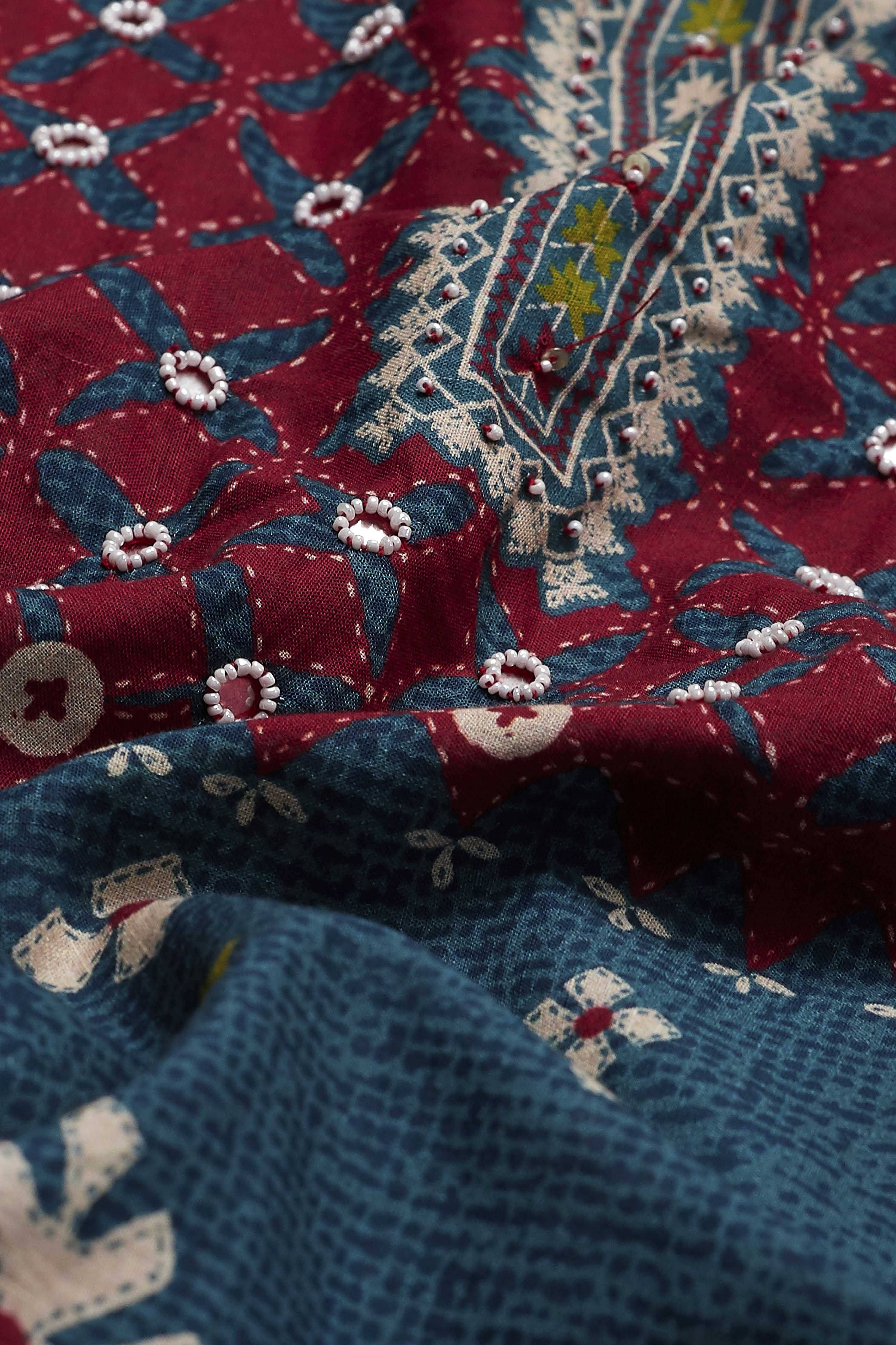 Red Cotton Printed Straight Kurta Set image number 3