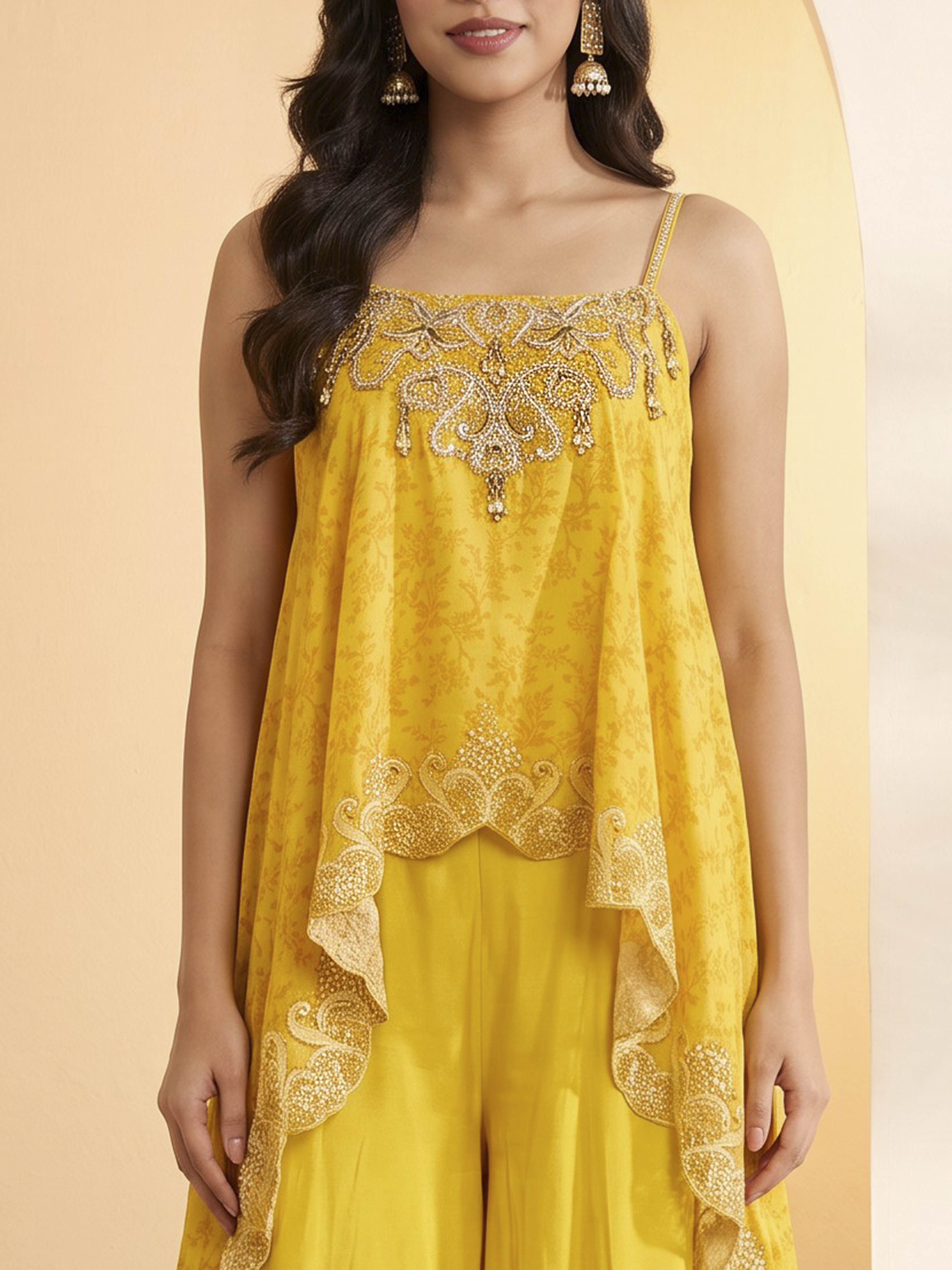 Yellow Modal Satin Asymmetric Suit Set image number 1