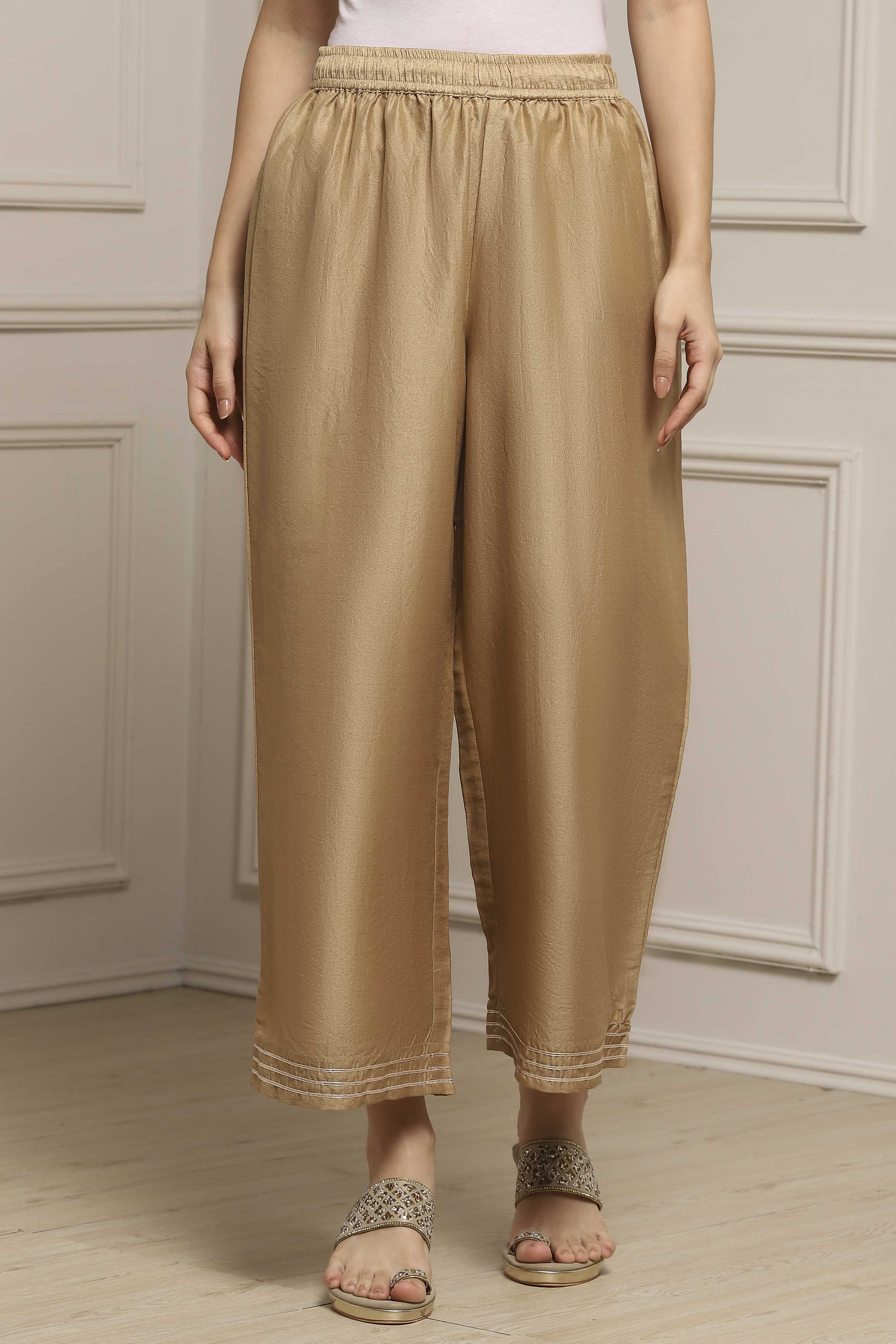 Gold Polyester Straight Dyed Palazzo Pants image number 4