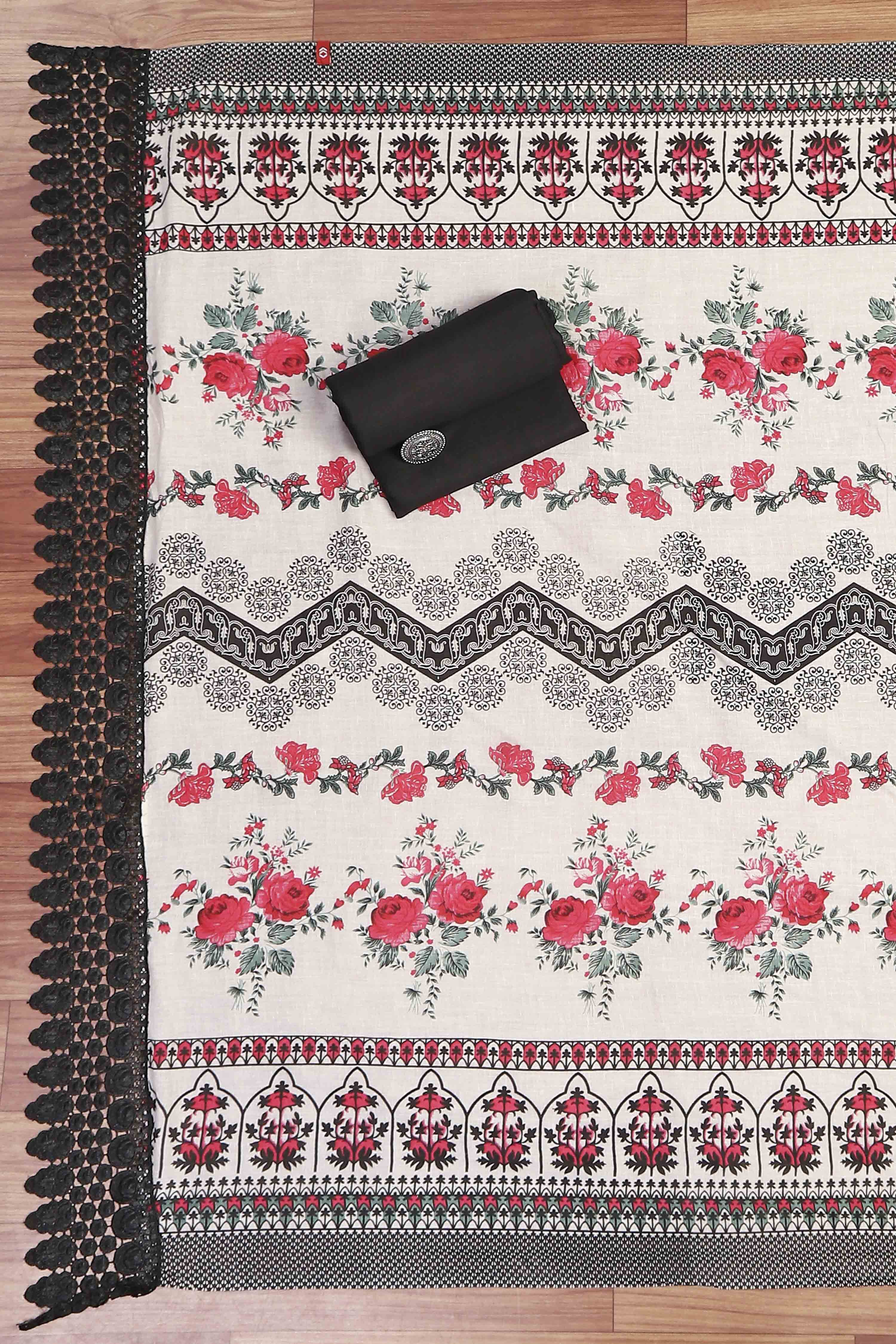 Off White Cotton Unstitched Suit Set image number 3