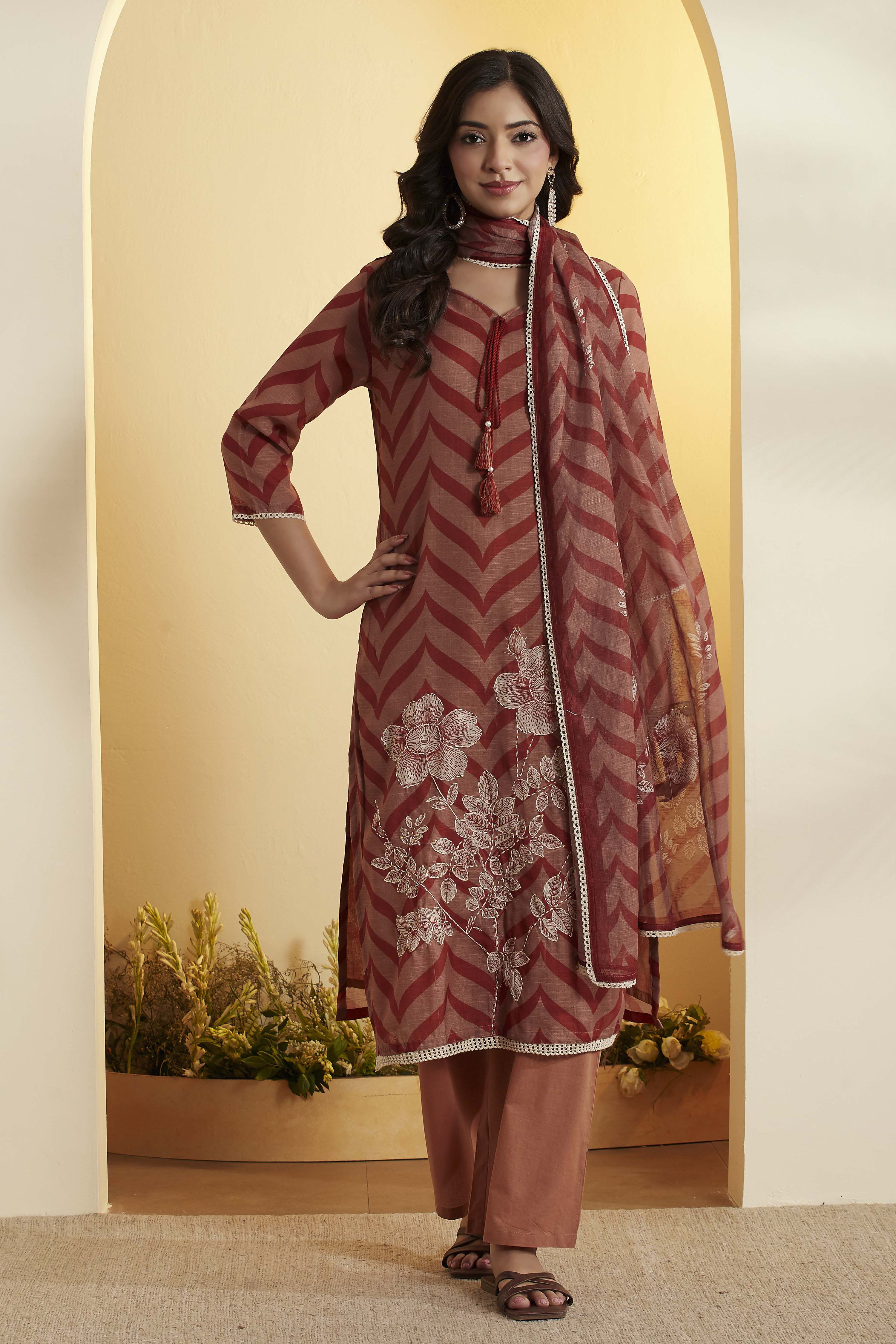 Teal Floral Printed Poly Linen Kurta Set image number 0