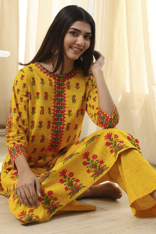 Yellow Pure Cotton Straight Kurta Set image number 0