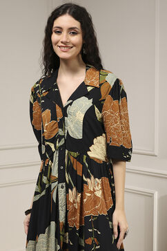 Black Viscose Rayon Straight Printed Dress image number 1