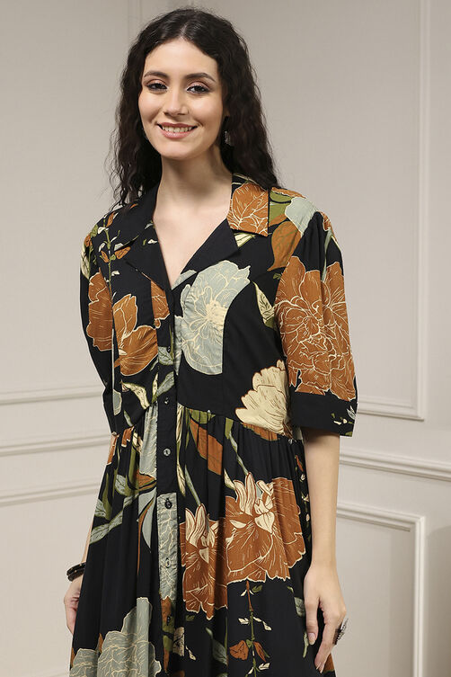 Black Viscose Rayon Straight Printed Dress image number 1