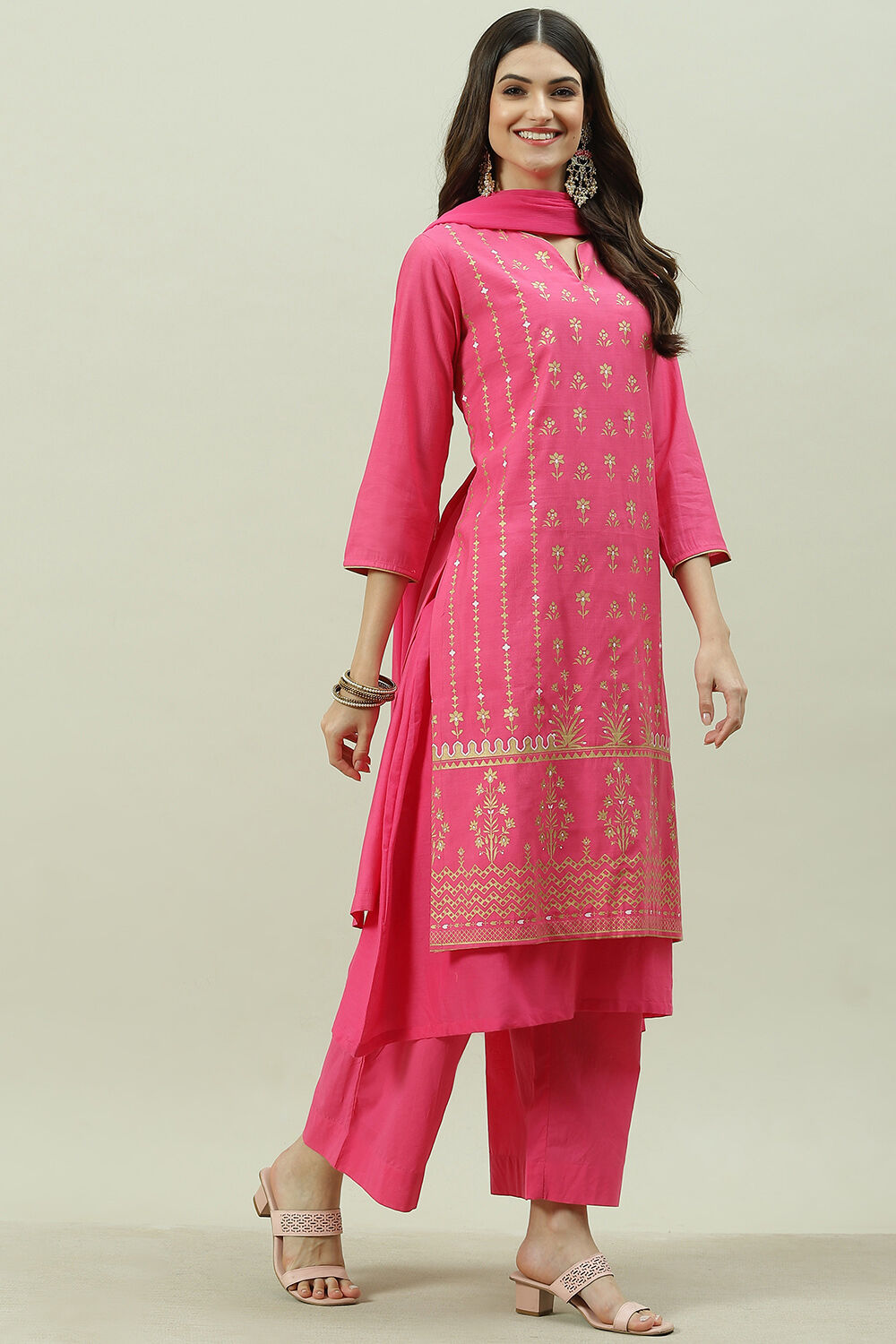Pink Printed Layered Kurta Palazzo Suit Set image number 3