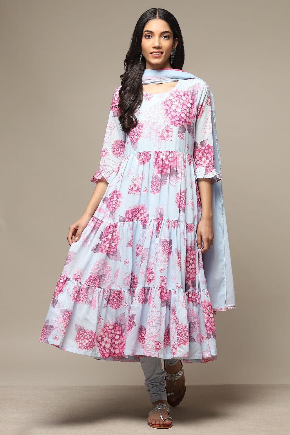 White & Blue Cotton Anarkali Kurta Churidar Suit Set image number 0