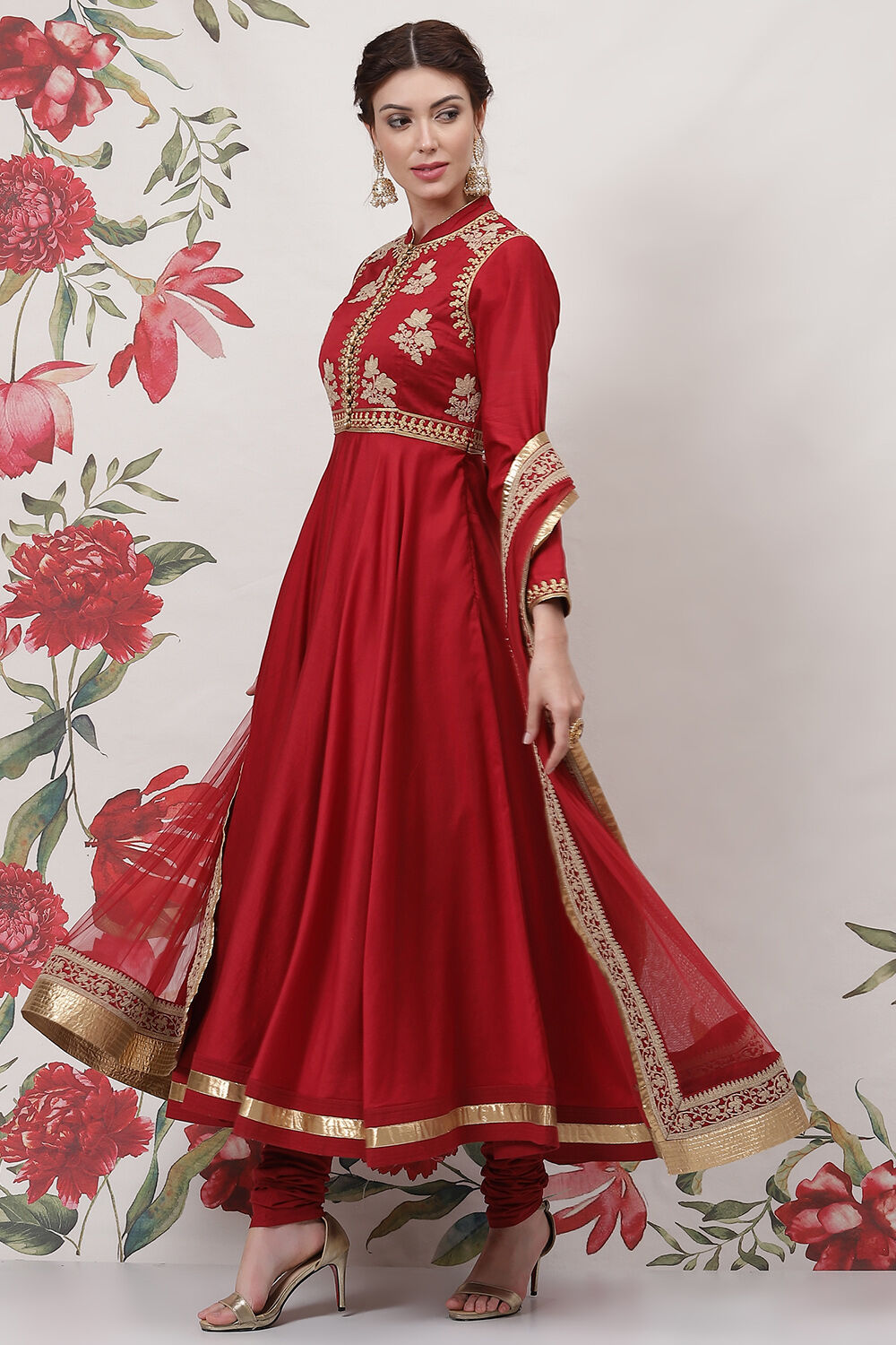 Red Cotton Silk Anarkali Yarndyed Suit Set image number 7