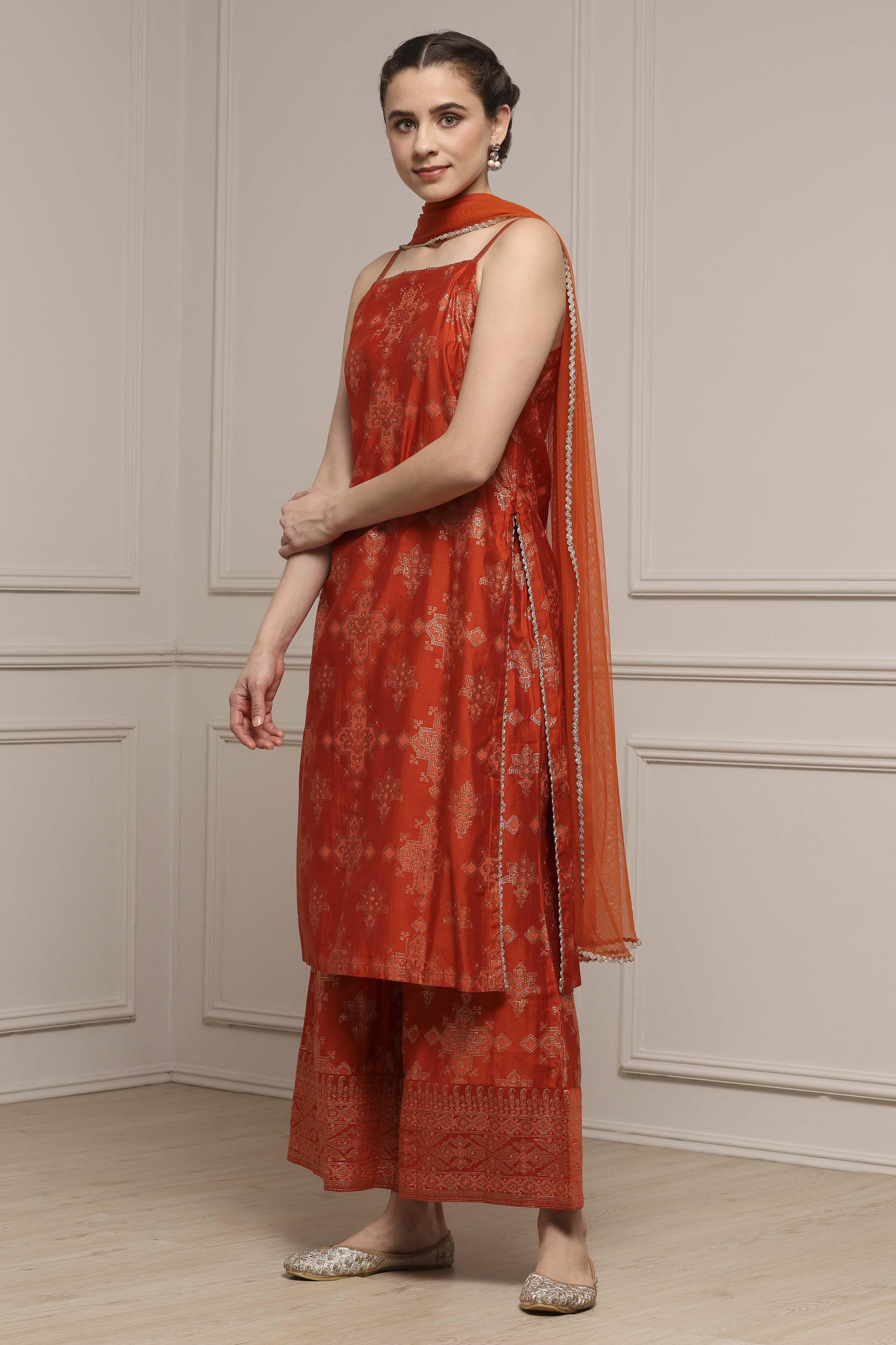 Orange Viscose Blend Straight Printed Suit Set image number 3
