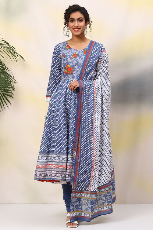 White And Pink Cotton Anarkali Kurta Churidar Suit Set image number 0