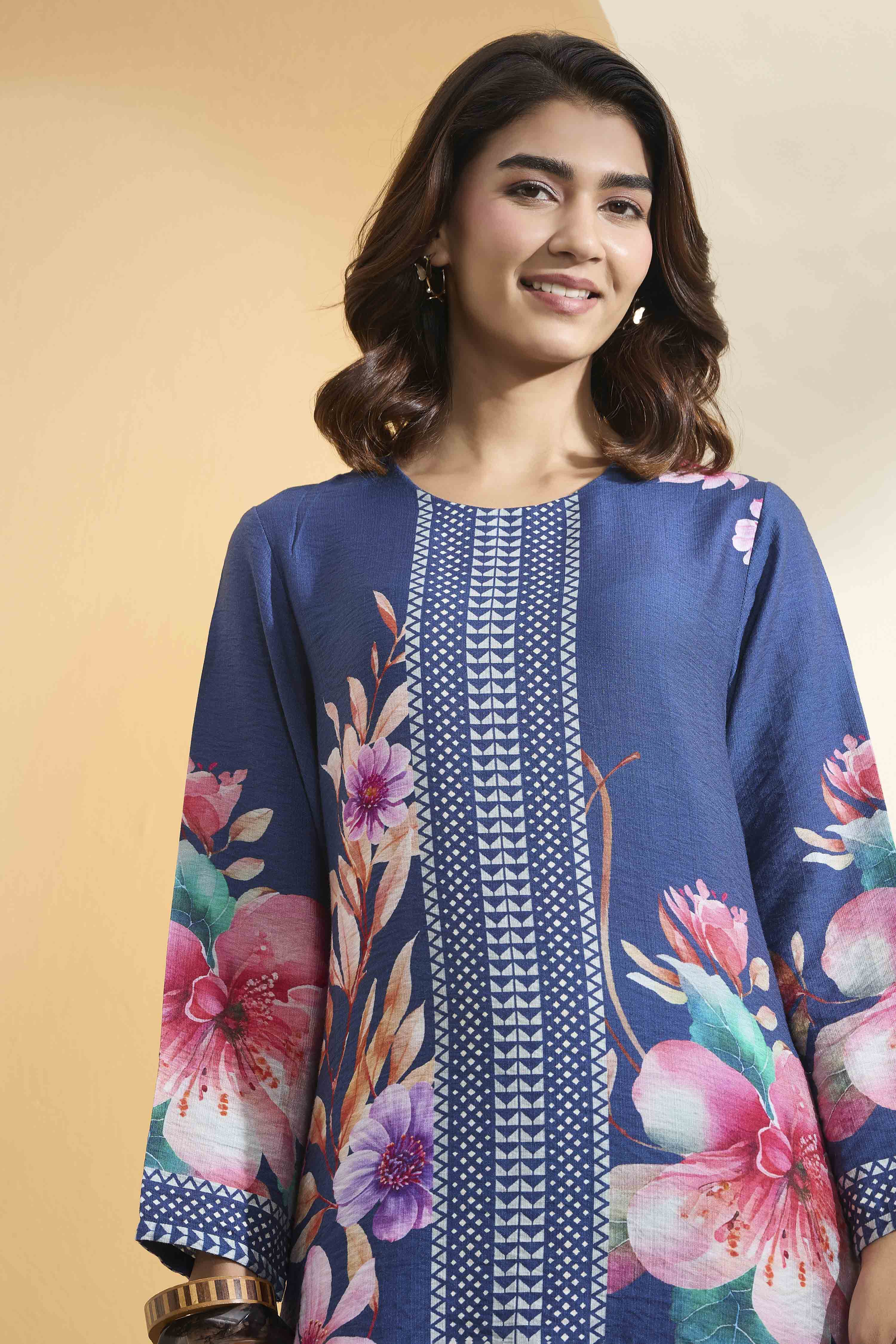 Blue Nylon Viscose Floral Printed Co-ord Set image number 1