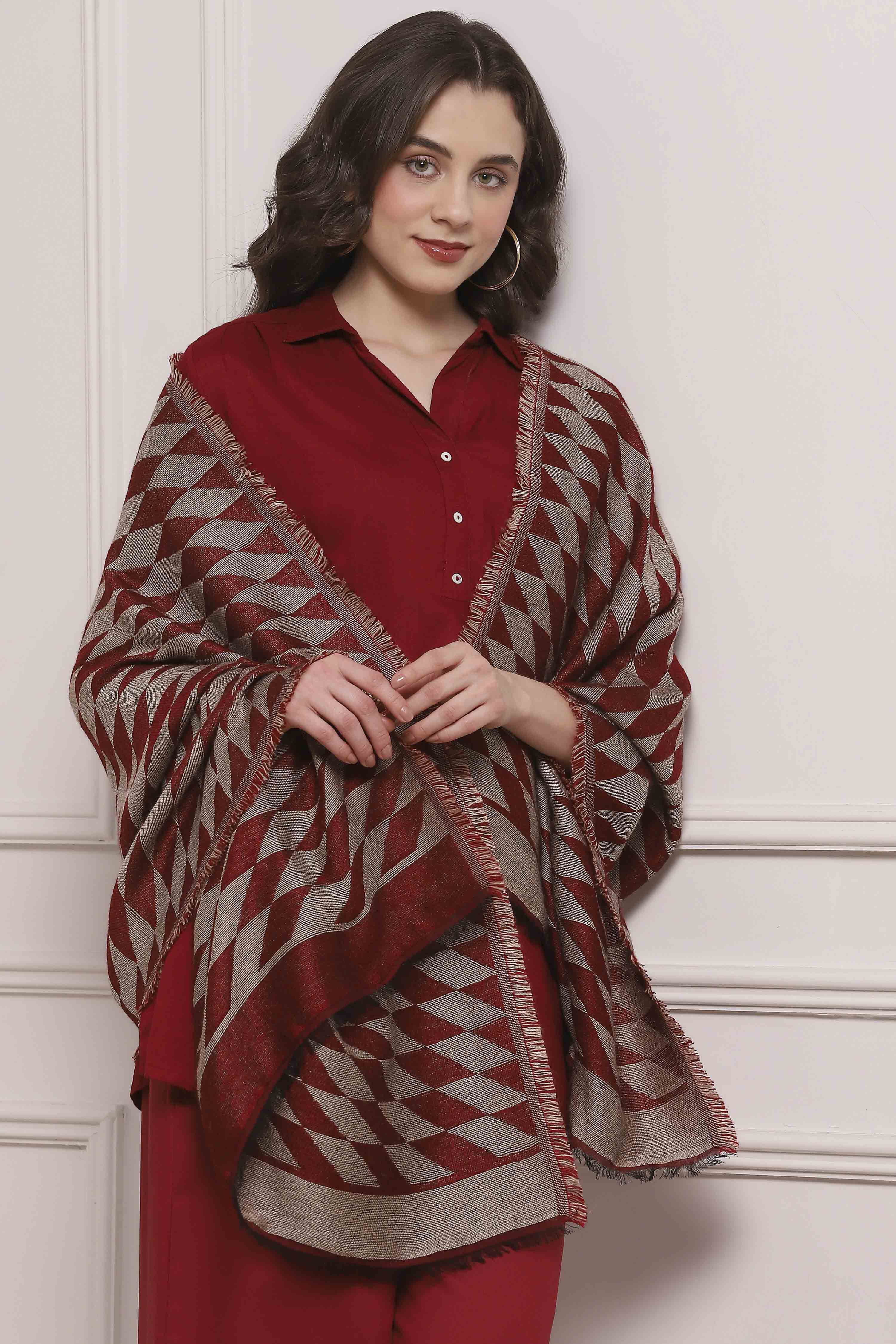Maroon Woolen Yarn-Dyed Printed Winter Stole image number 2