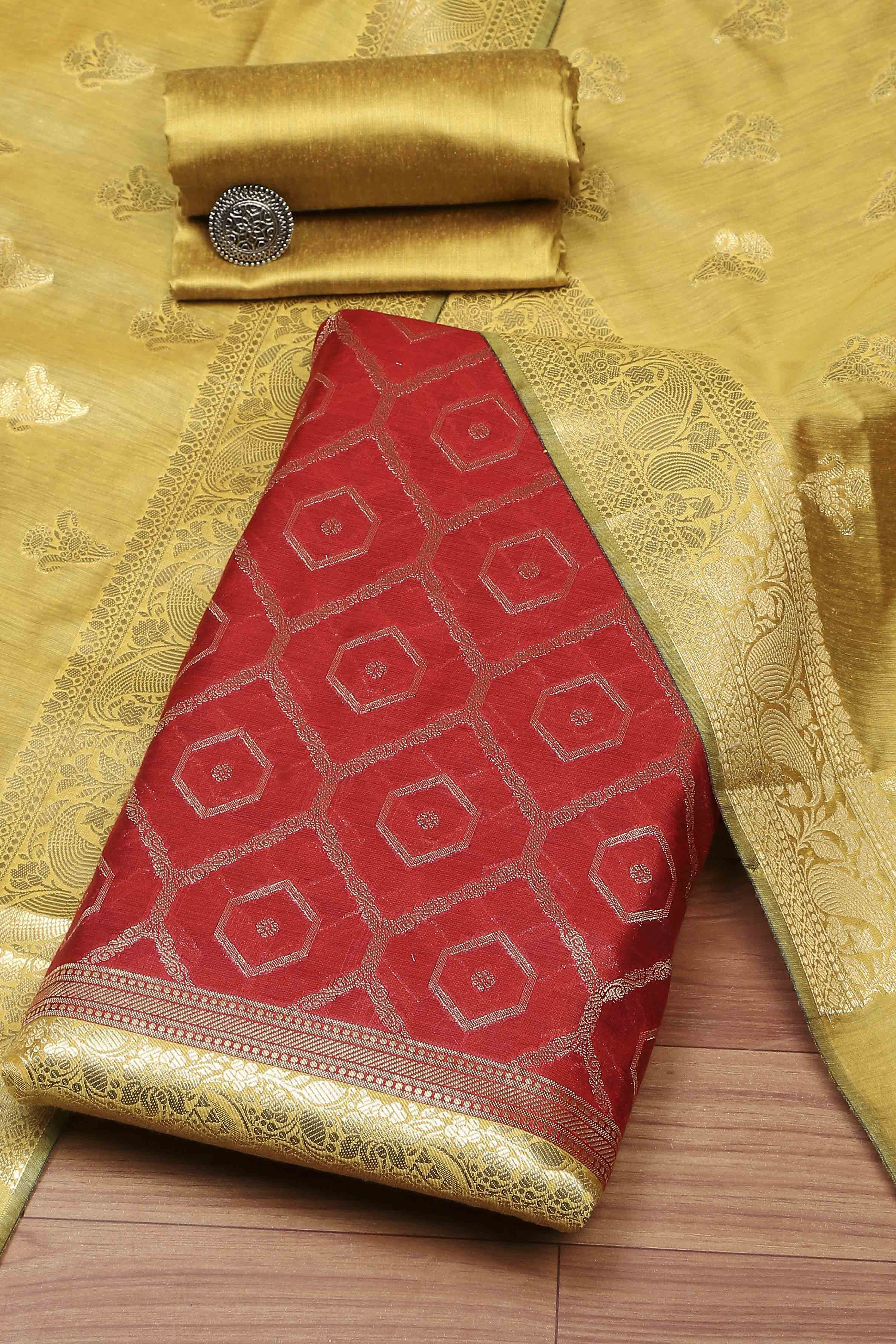 Red Chanderi  Unstitched Suit Set image number 0