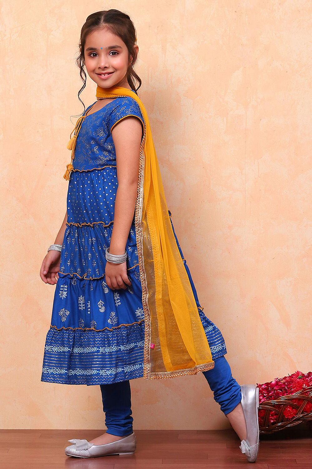 Blue Cotton Printed Tiered Festive Flared Suit Set image number 3