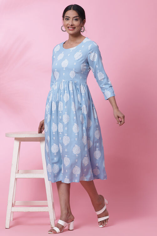 Powder Blue Rayon Printed Kurta Dress image number 5