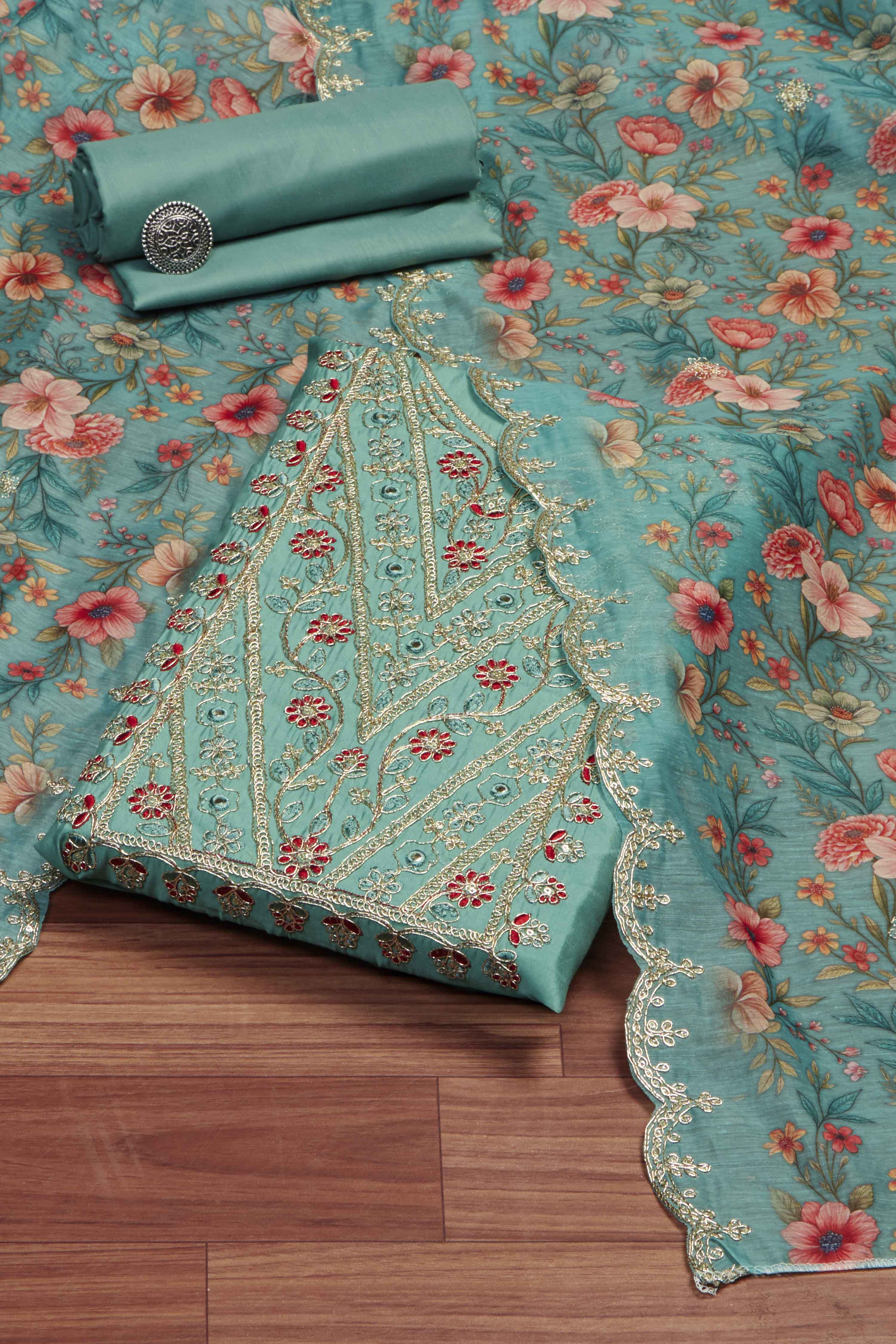 Teal Chanderi Unstitched Suit Set image number 0