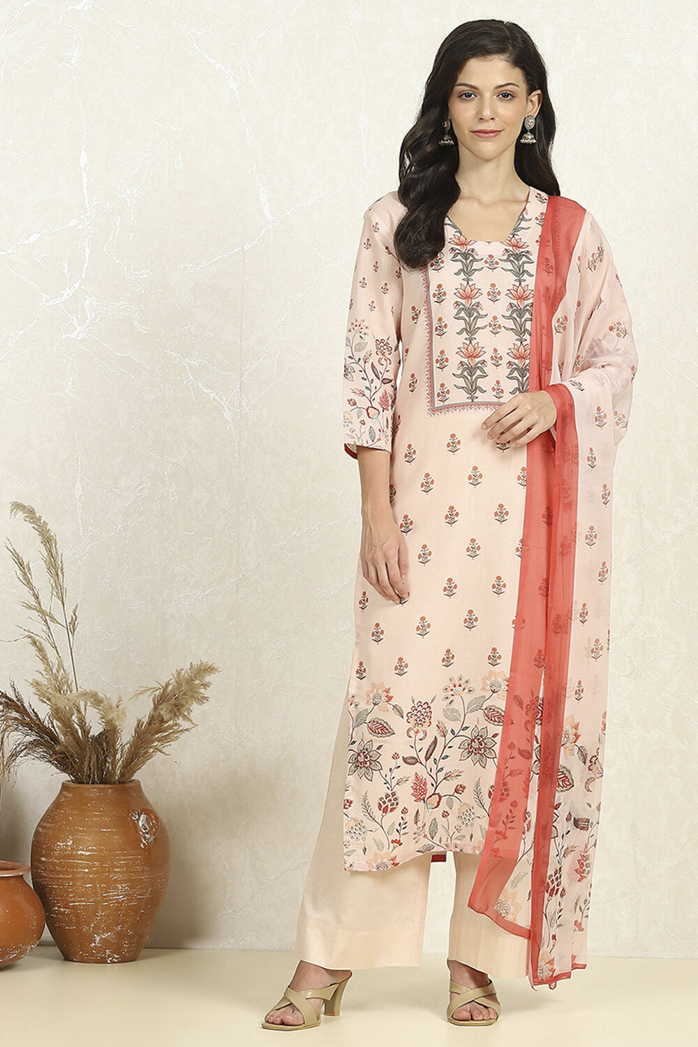 Cream-Colored Cotton Digital Printed Unstitched Suit Set image number 7
