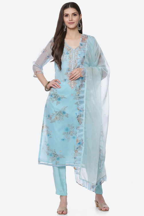Blue Organza Unstitched Suit Set image number 0