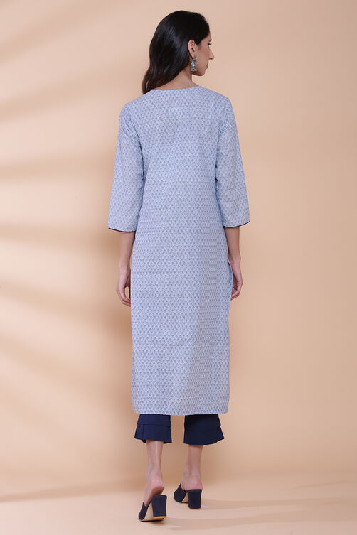 Blue Cotton Straight Printed Kurta image number 5