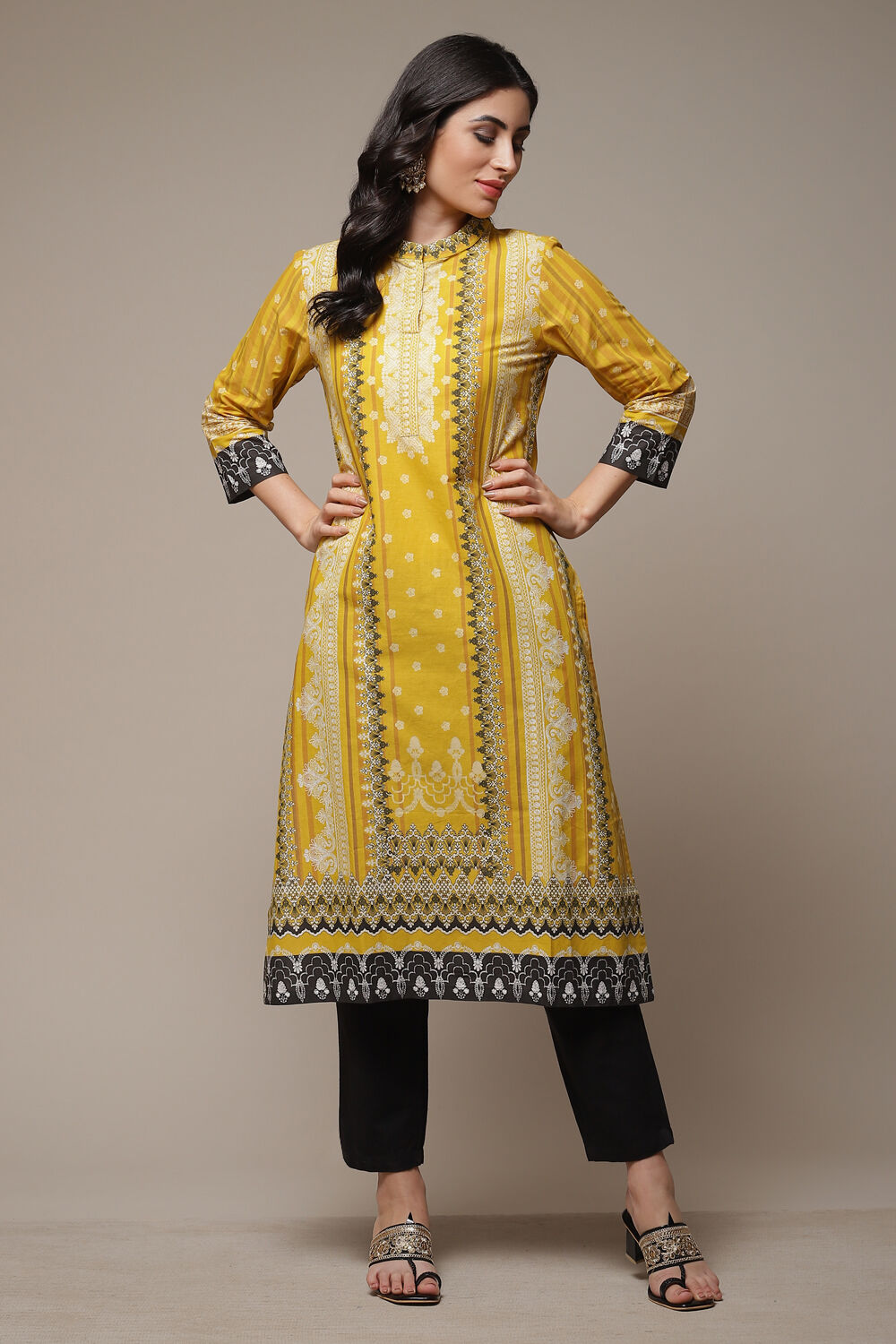 Ochre Cotton Straight Printed Kurta image number 1
