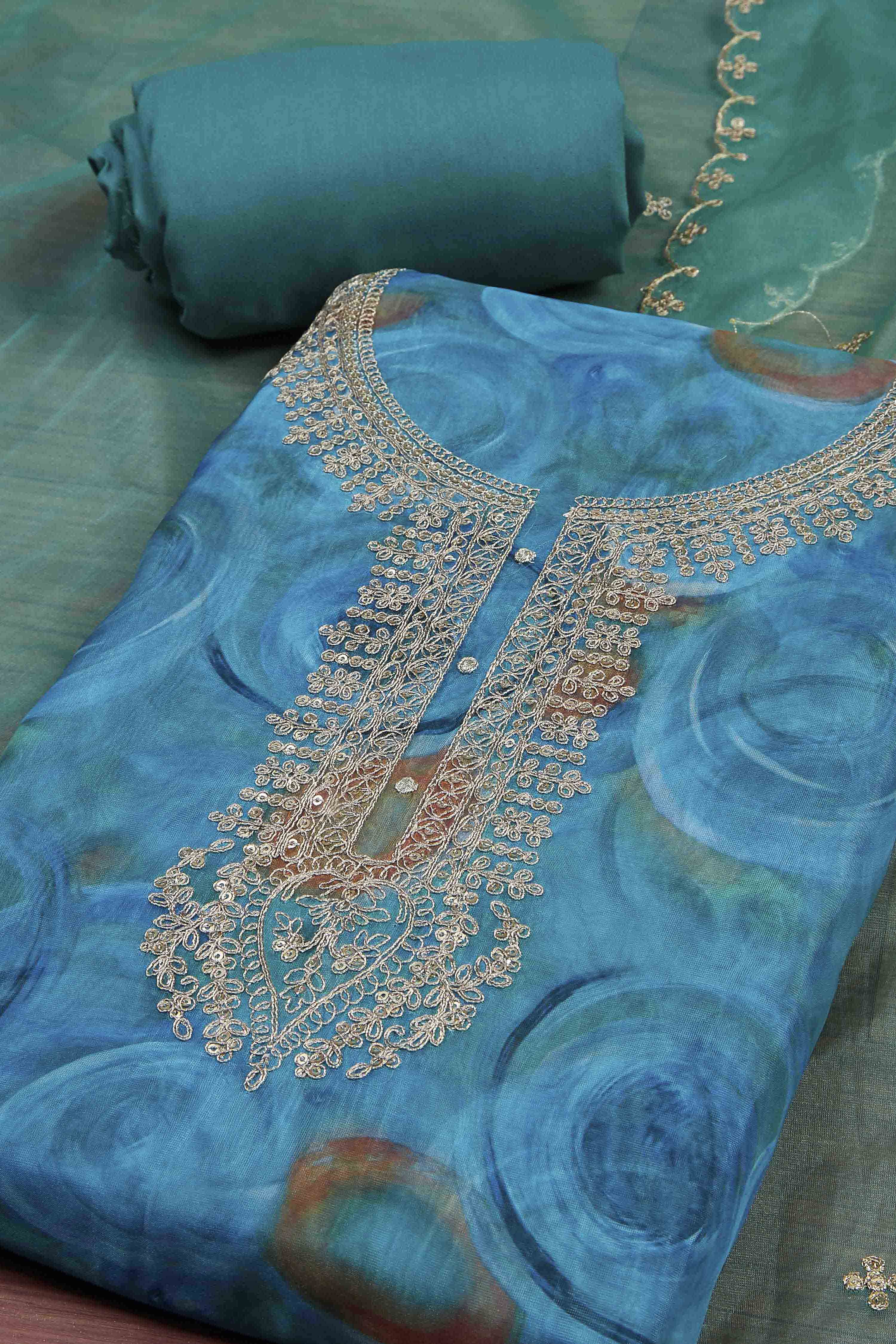 Peach-Colored Organza Rajasthani Print Unstitched Suit Set image number 1