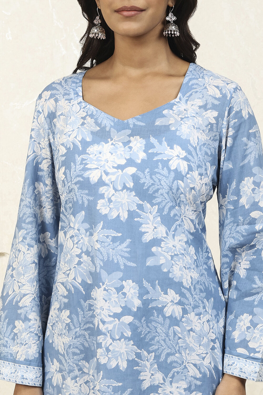 Blue Cotton Floral Unstitched Suit Set image number 2
