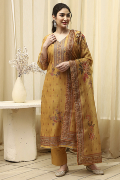 Yellow Chanderi Printed Embroidered Unstitched Suit Set image number 1