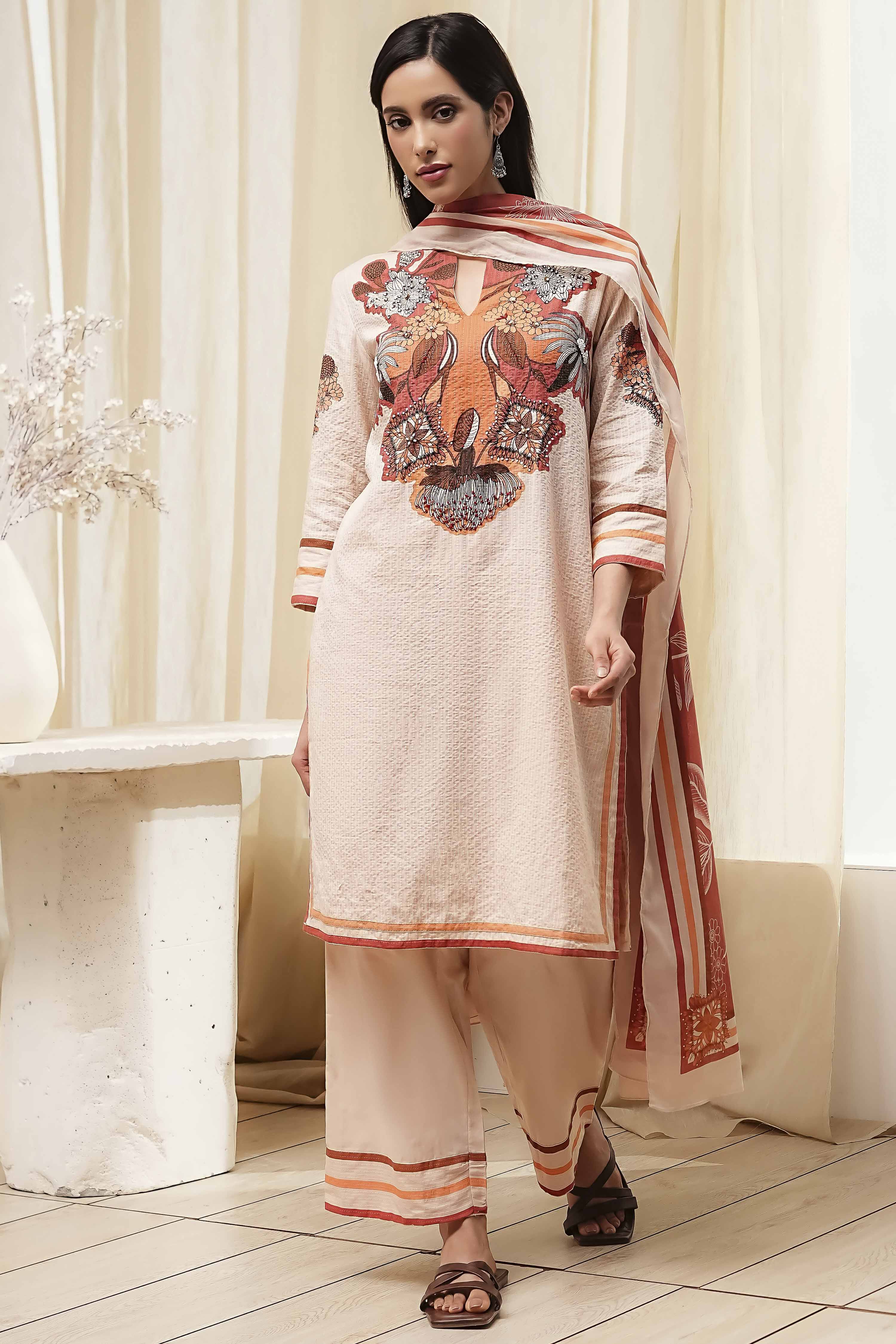 Peach-Toned Cotton Straight Suit Set image number 6
