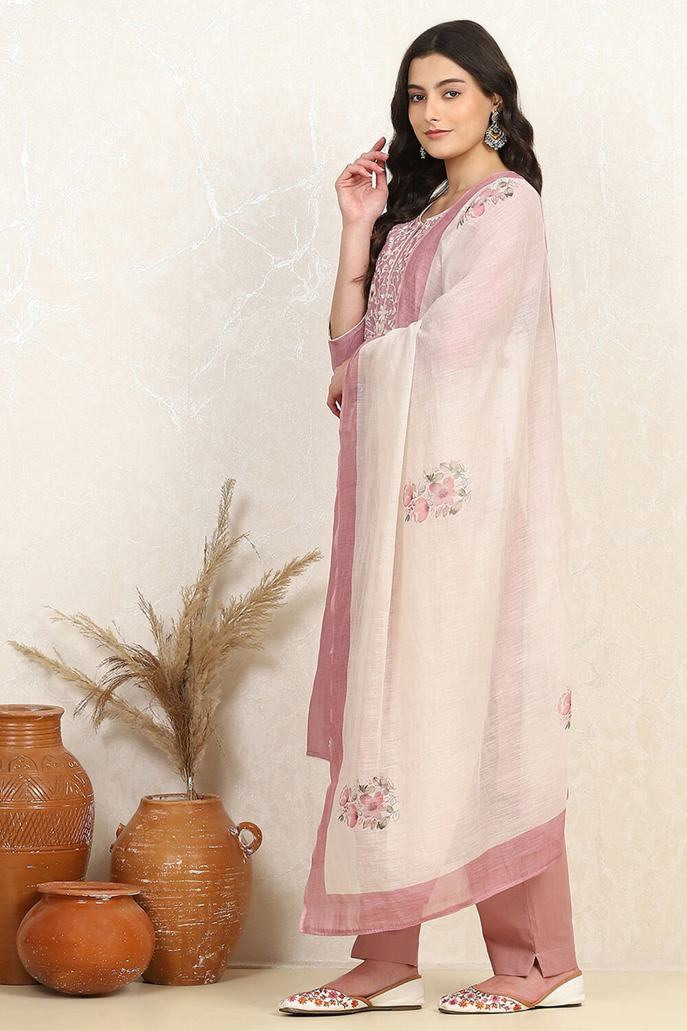 Pink Cotton Embroidered Unstitched Suit Set image number 4