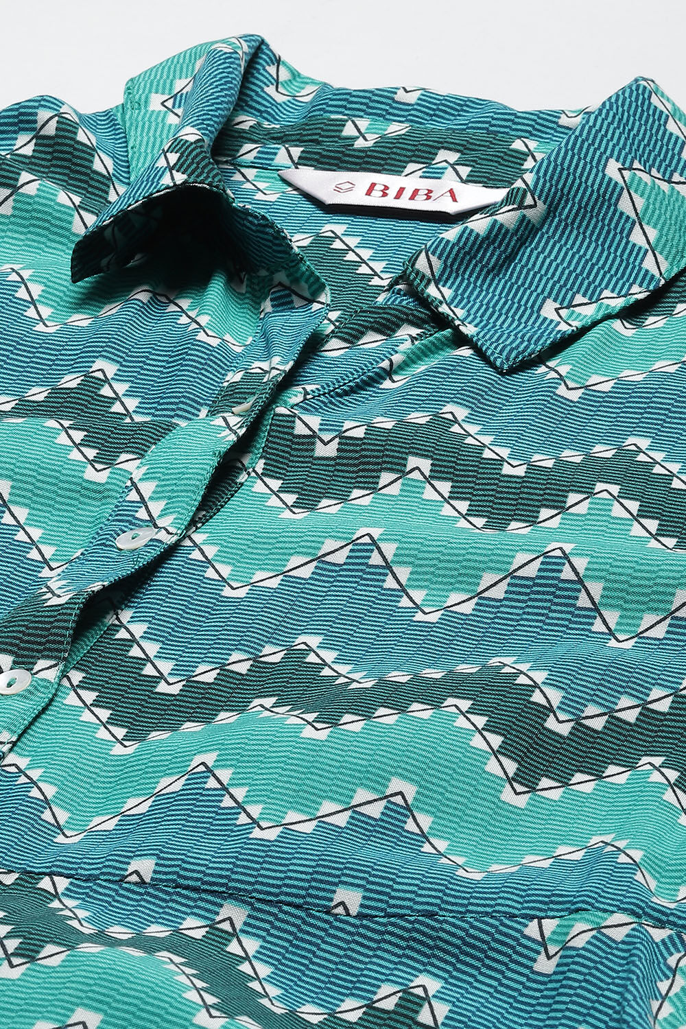 Turquoise Chevron Block Printed Shirt-Style Flared Dress image number 1