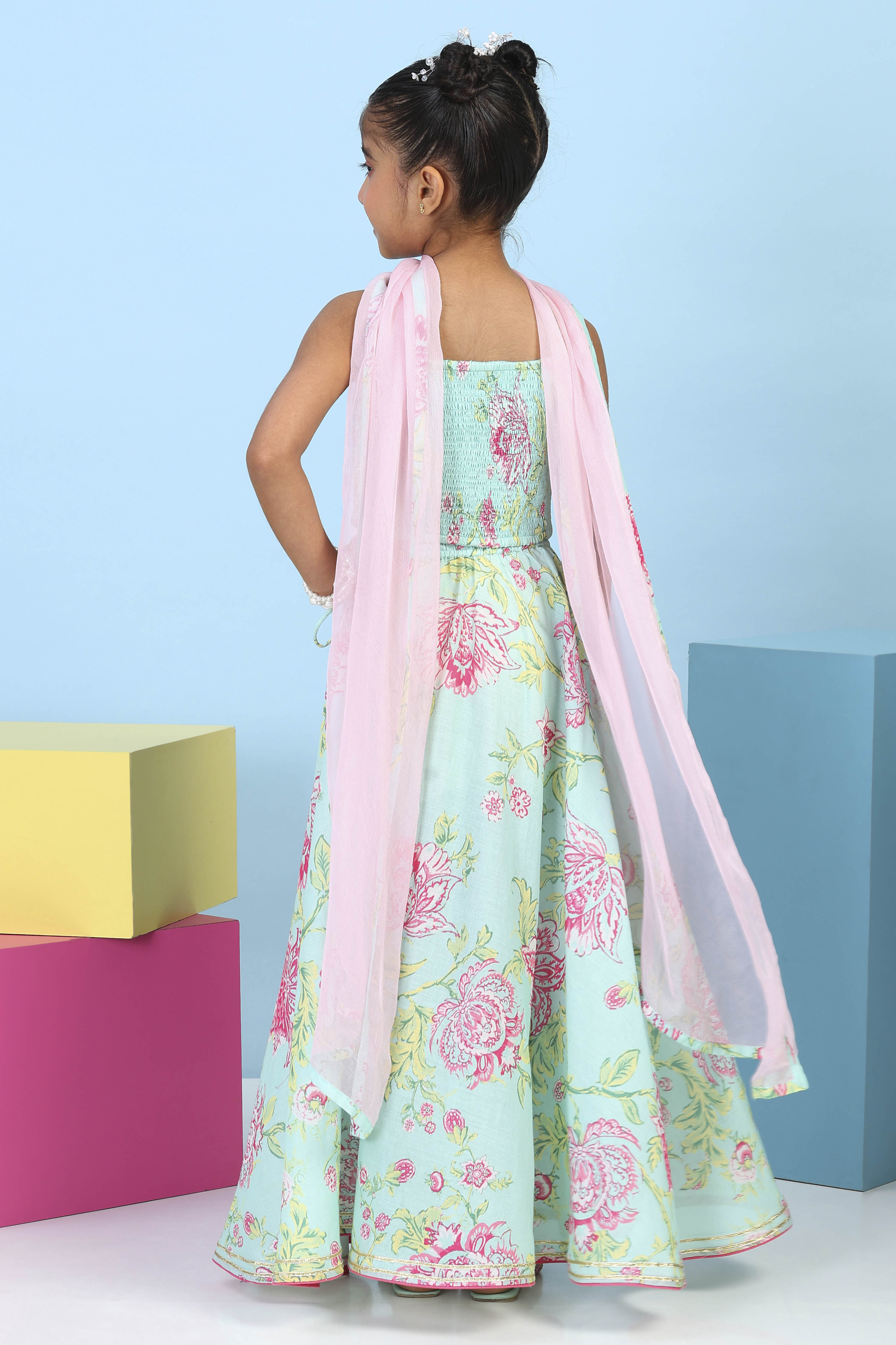 Aqua Cotton Printed Straight Lehenga Set image number 5