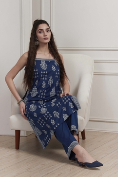 Indigo Cotton Printed Strappy Straight Kurta Set