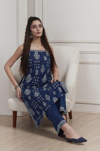 BIBA Indigo Cotton Printed Strappy Straight Kurta Set in Indigo