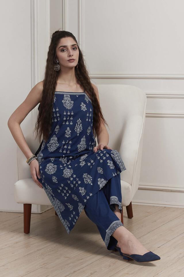 BIBA Indigo Cotton Printed Strappy Straight Kurta Set in Indigo