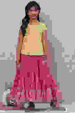 Lime Green And Pink Cotton Straight Kurta Skirt Suit Set image number 0