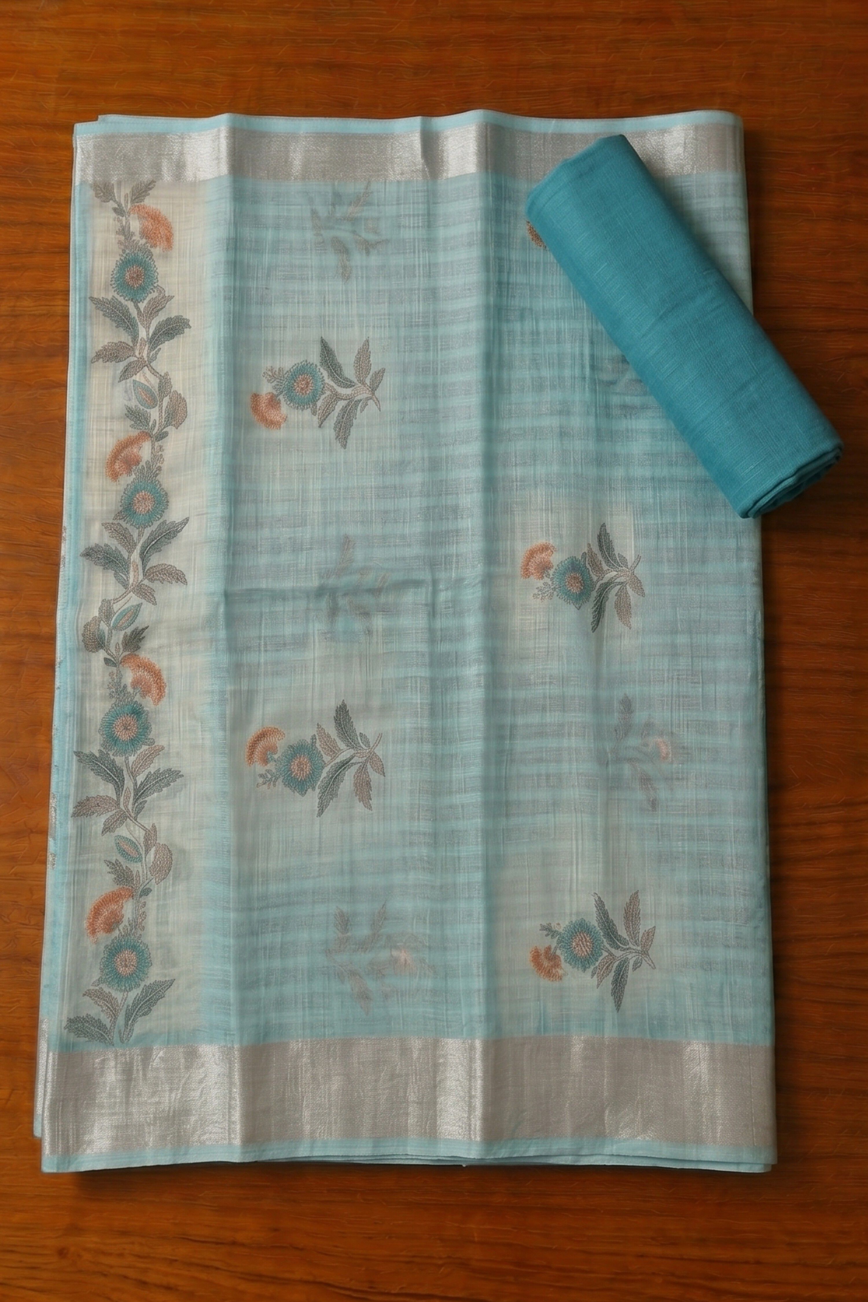 Blue Linen Stripe With Handwork Unstitched Suit Set image number 3