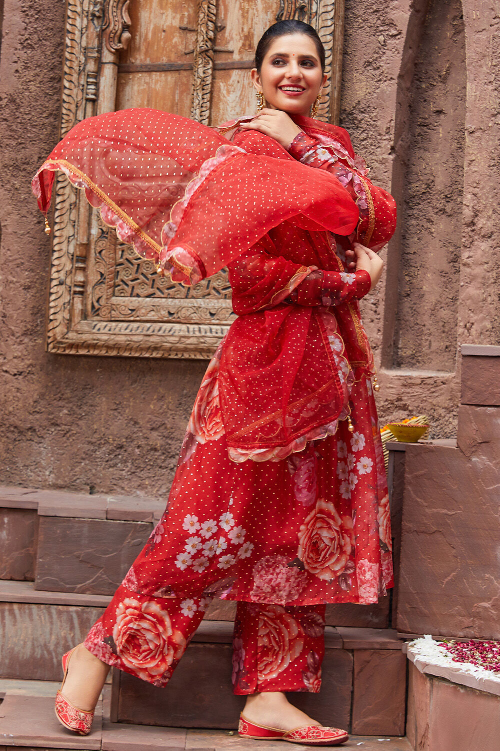 Red Polyester Anarkali Kurta Palazzo Suit Set image number 0