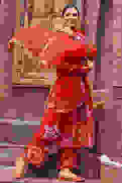 Red Polyester Anarkali Kurta Palazzo Suit Set image number 0