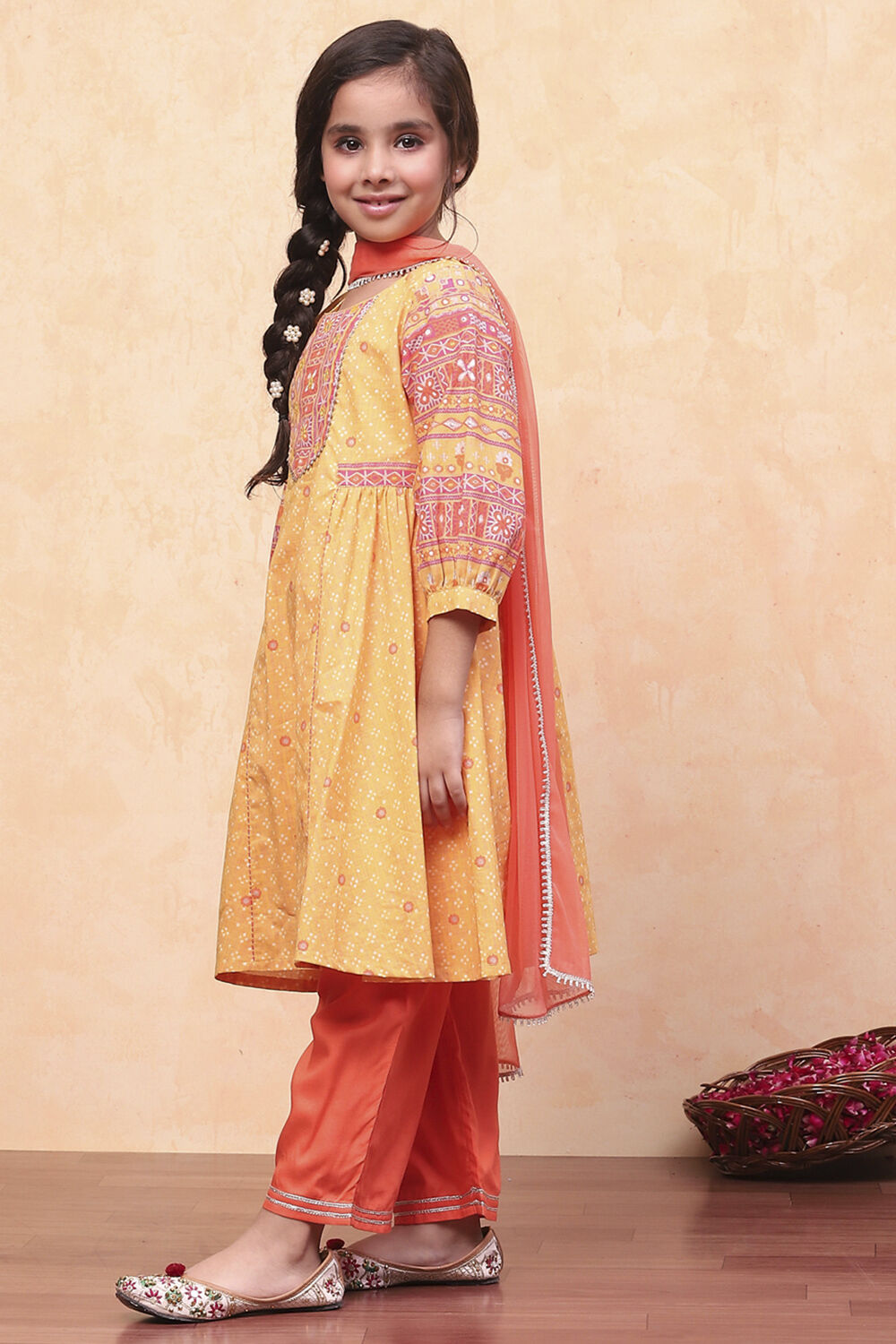 Yellow Cotton Bandhani Printed Gathered Festive Suit Set image number 3