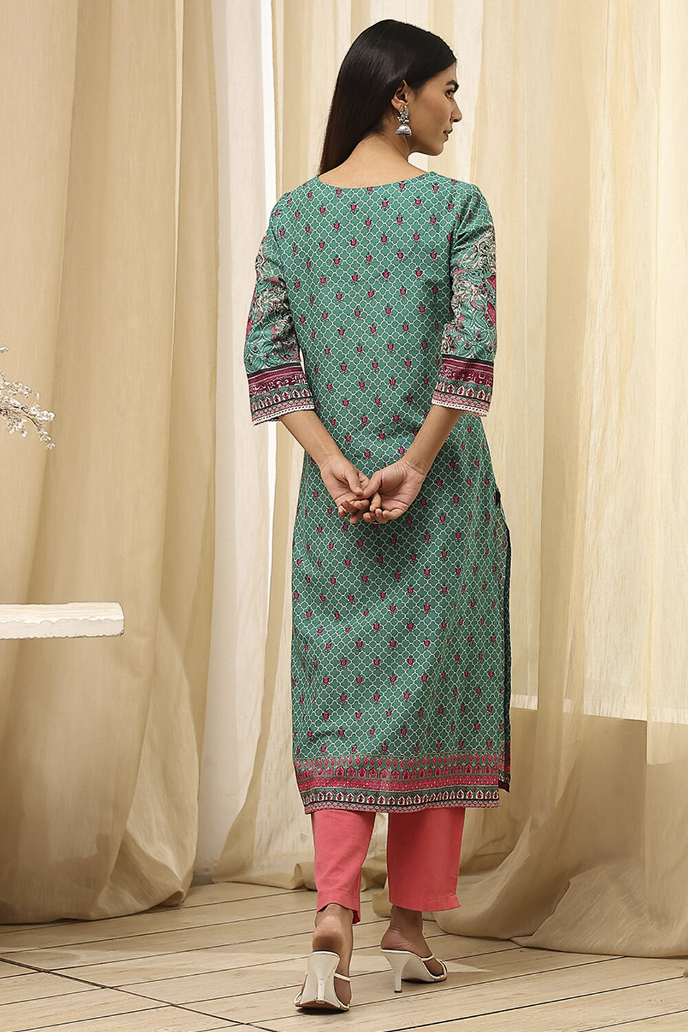 Green Cotton Printed Straight Kurta image number 4