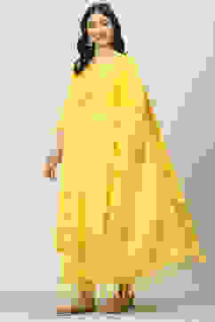 Yellow Cotton Straight Kurta Slim Pants Suit Set image number 0