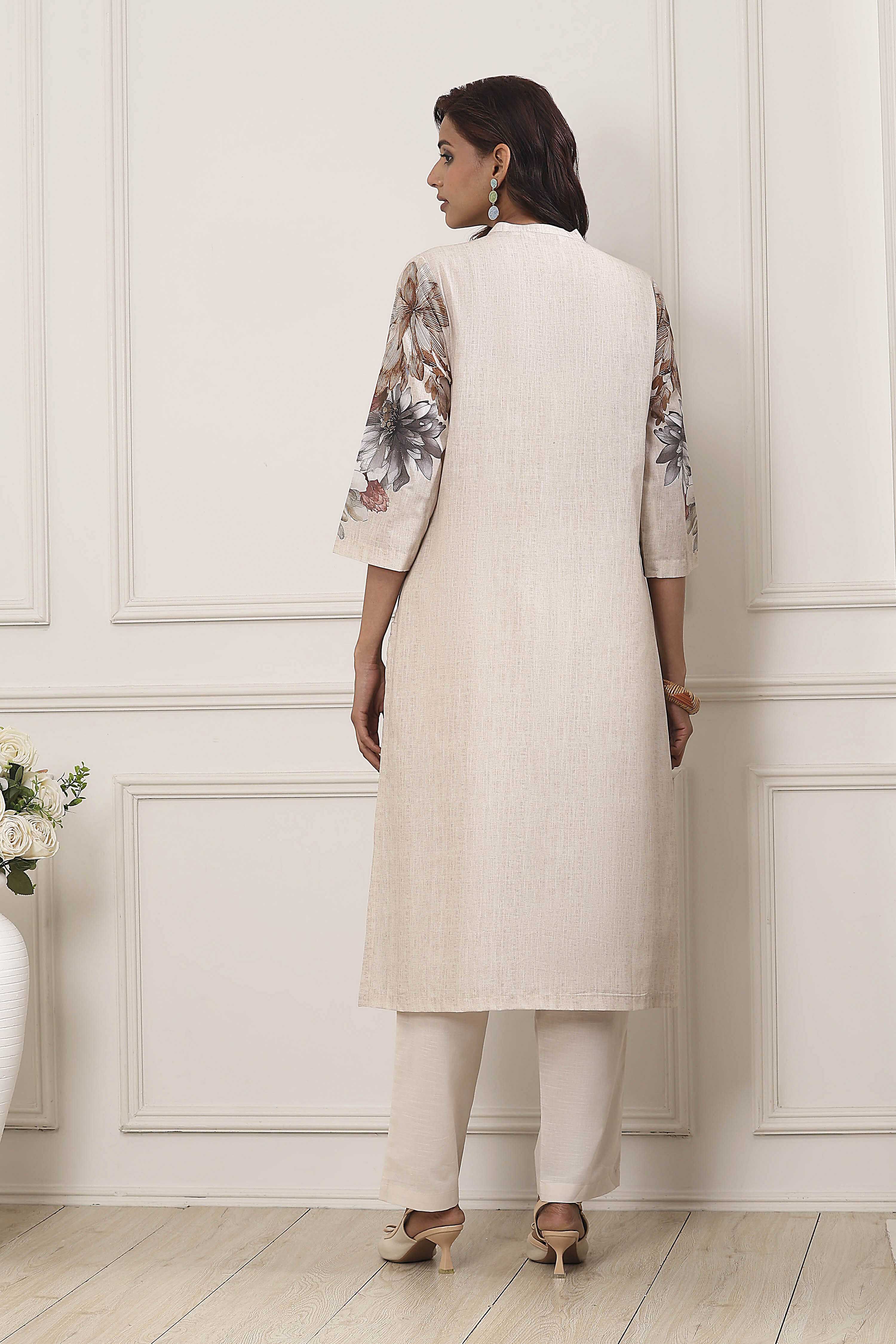 Beige Cotton Floral Printed Straight Kurta Set image number 4