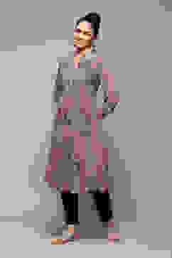 Peach & Blue Polyester Straight Printed Kurta image number 3